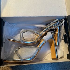 Windsor Silver Rhinestone Strappy Heels – Luxe Fit Metallic Square Toe